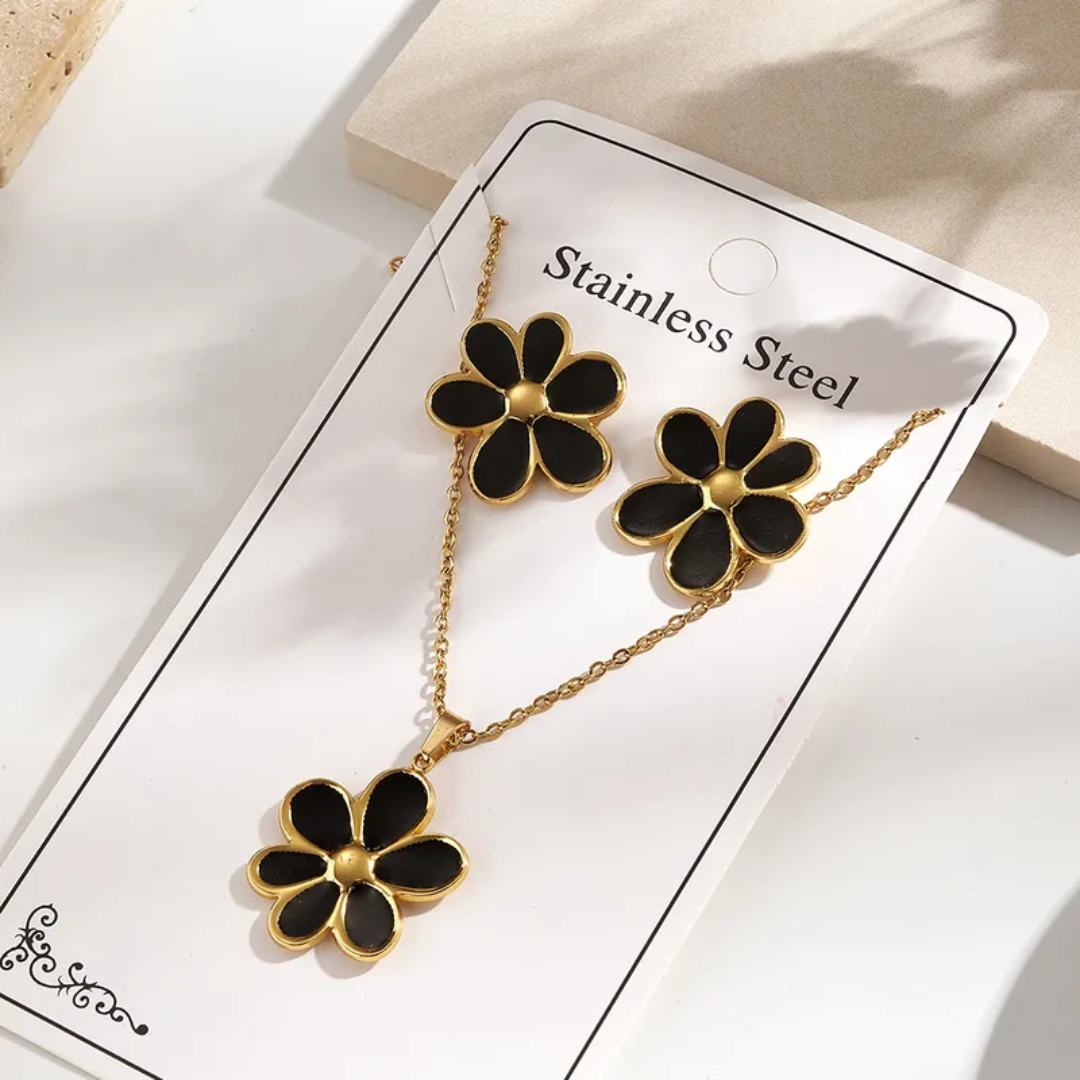 Conjunto de flores negra perla dorada