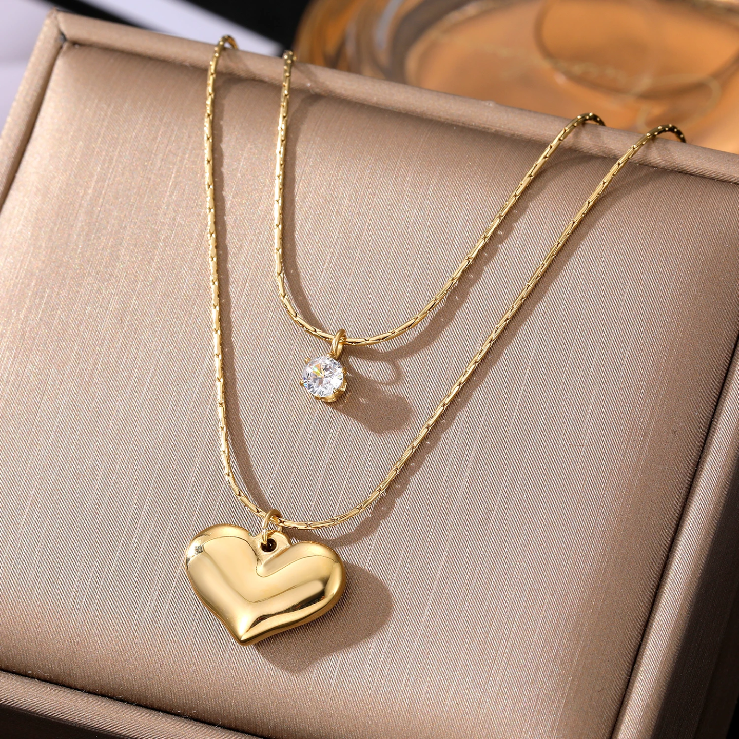 Cadena Doble de corazón y piedra brillante