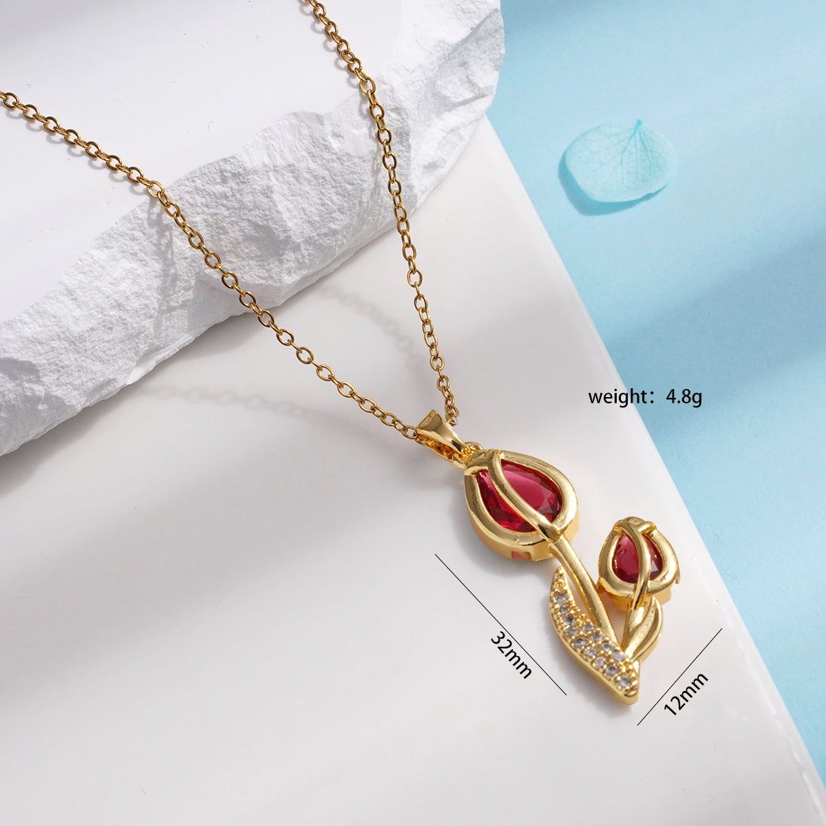 Cadena Tulipán Rojo con Cristal Dorada
