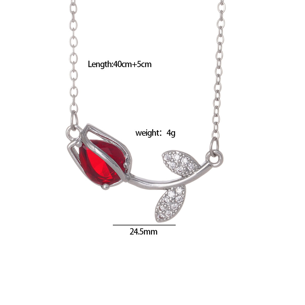 Cadena Tulipán Rojo con Cristal Plateada