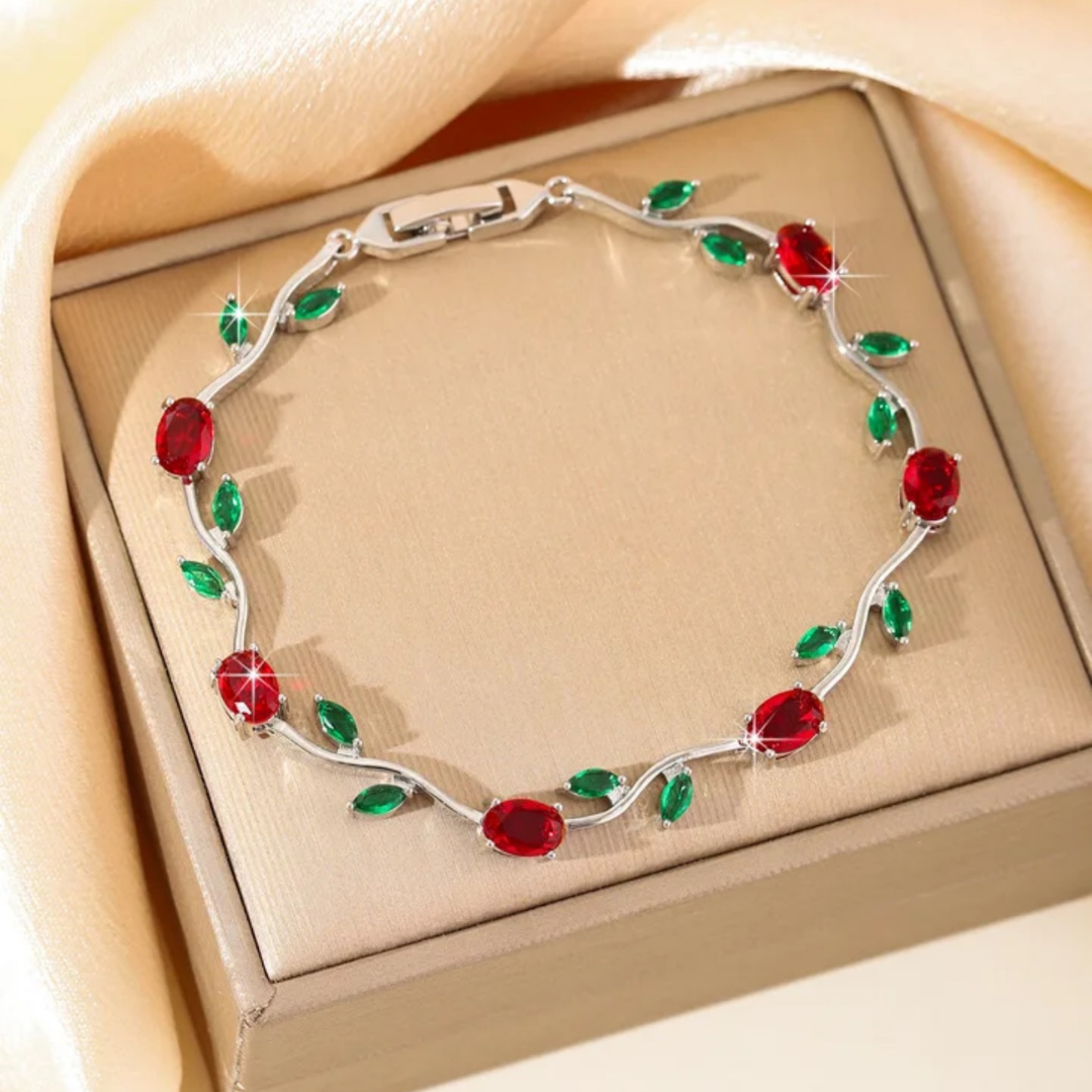 Pulsera con piedras verde y rojo plateado