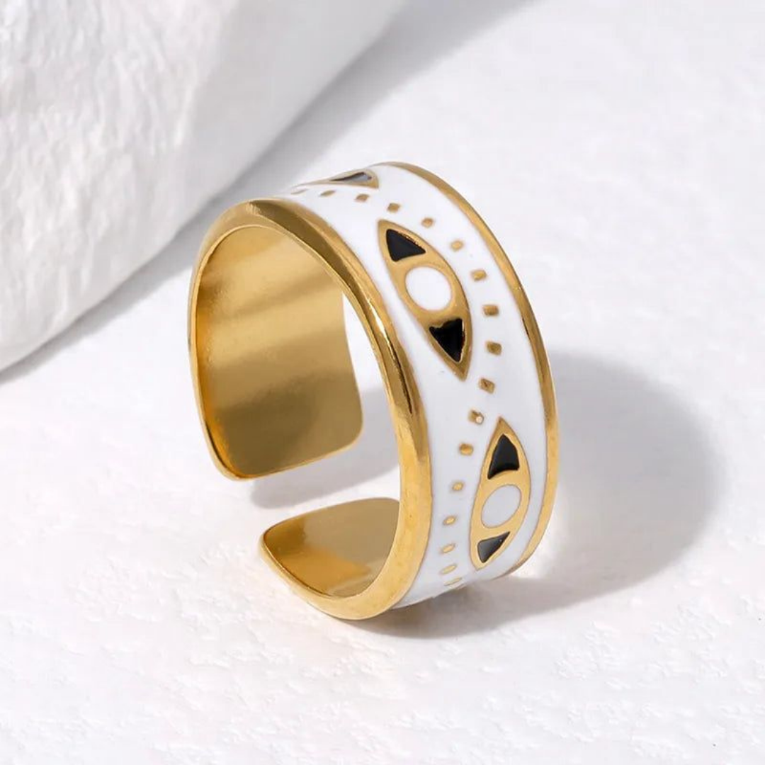 Anillo Dorado y blanco con detalles Geométricos