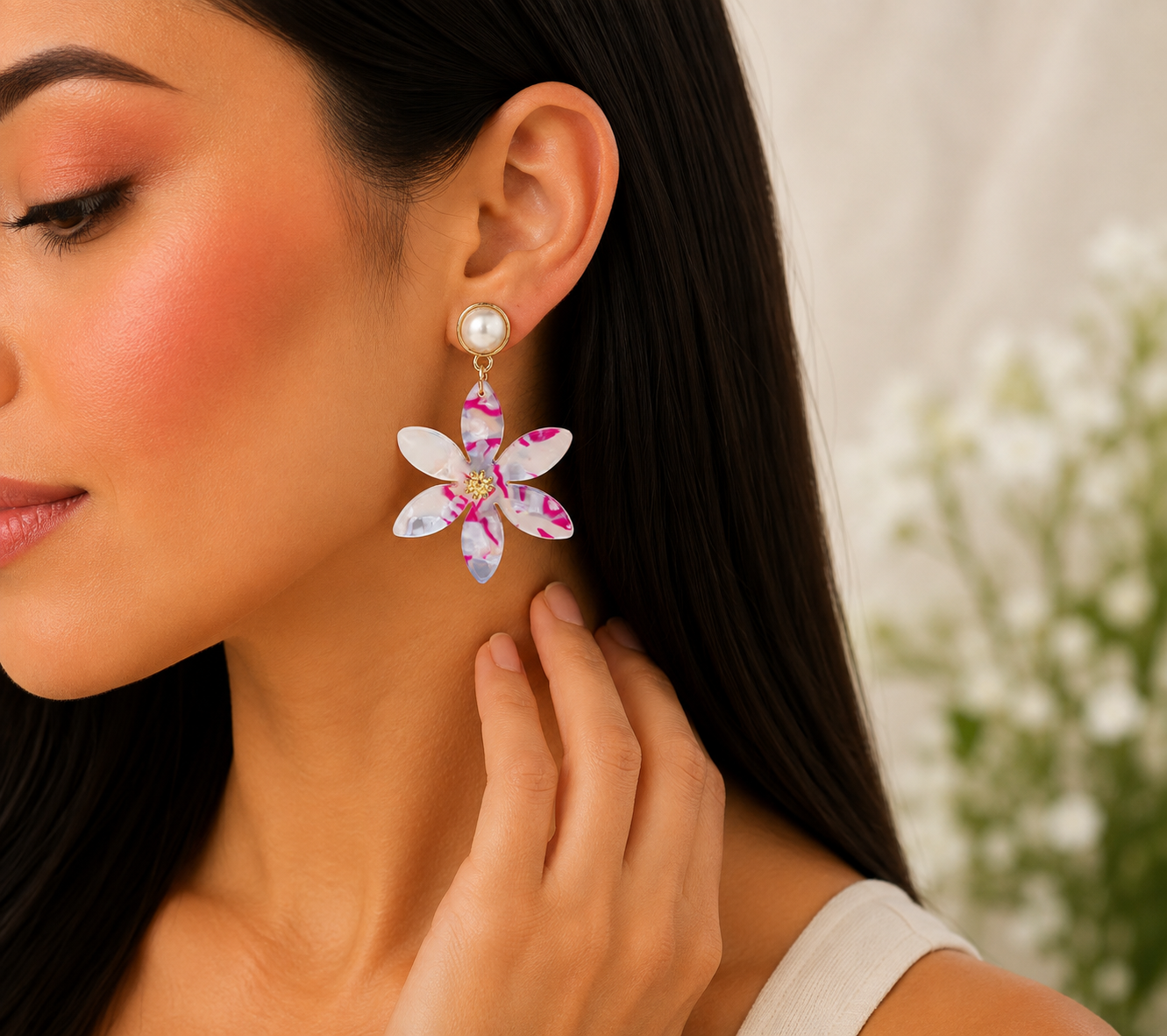 Aretes Flor Acrílico Rosa Fucsia