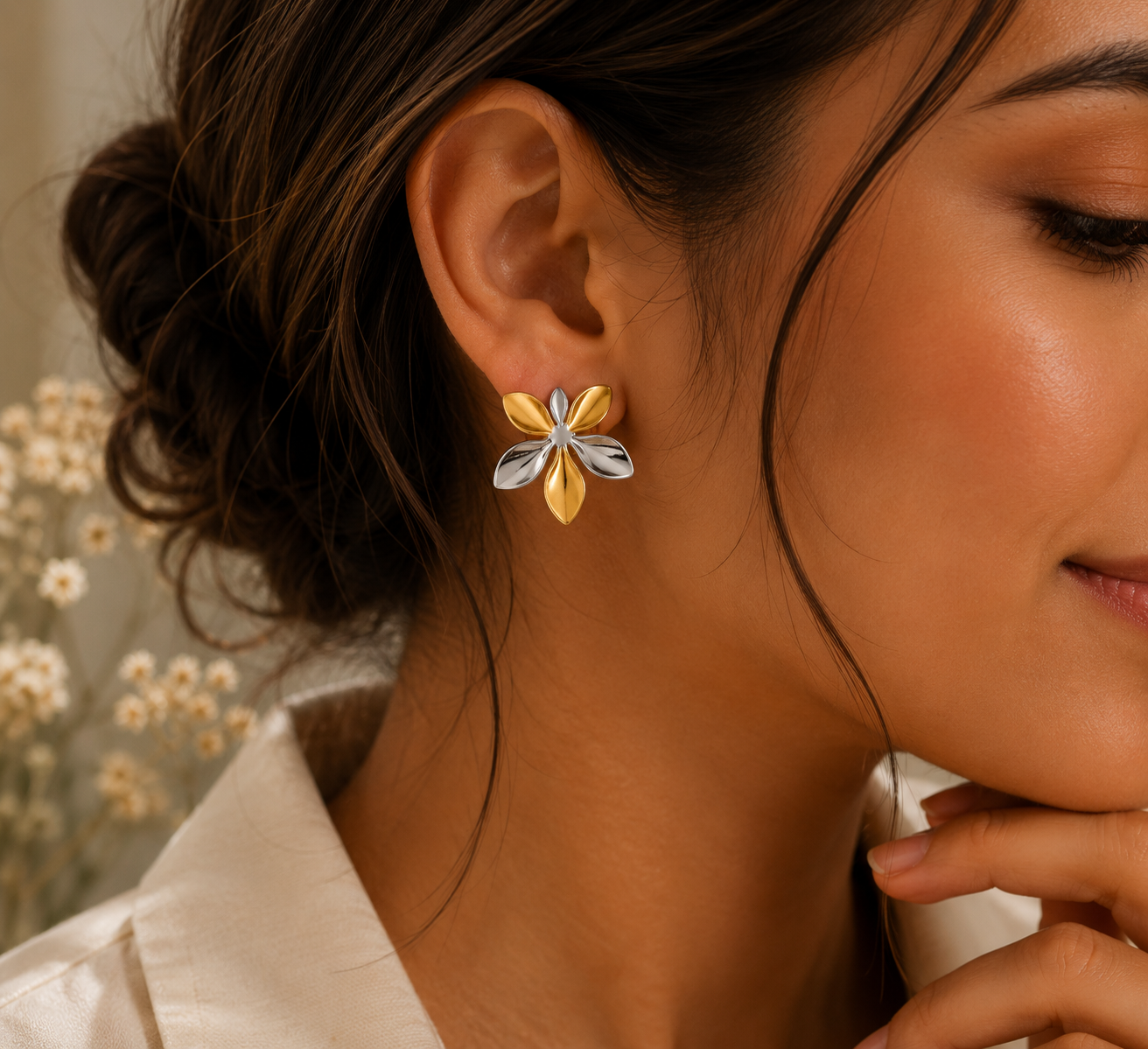Aretes Flor Pétalos Bicolor