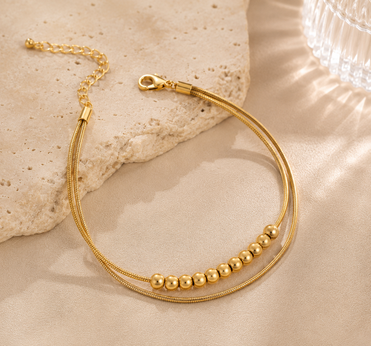 Pulsera Doble Cadena Snake Bolas Dorada