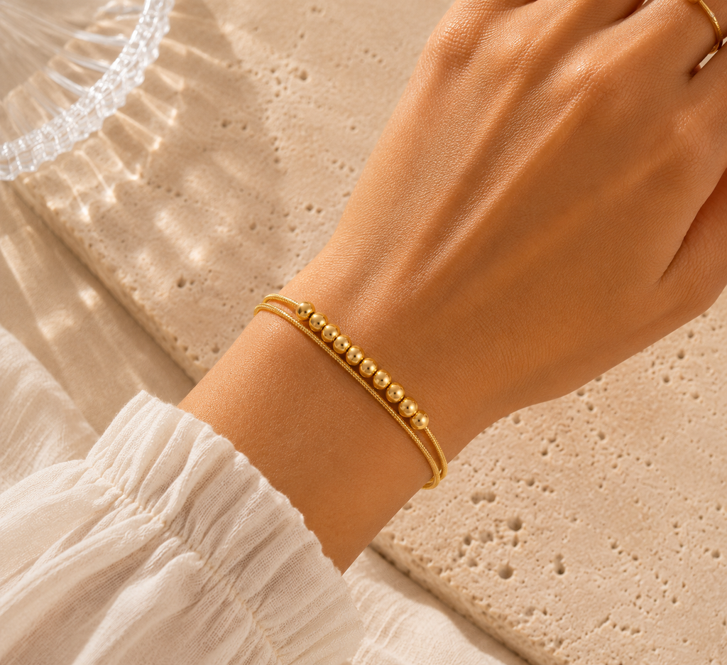Pulsera Doble Cadena Snake Bolas Dorada