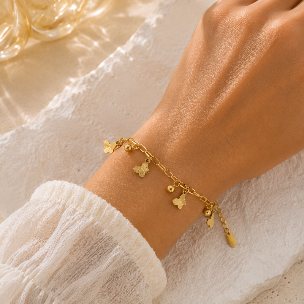 Pulsera Cadena Mariposas y Bolas Dorada