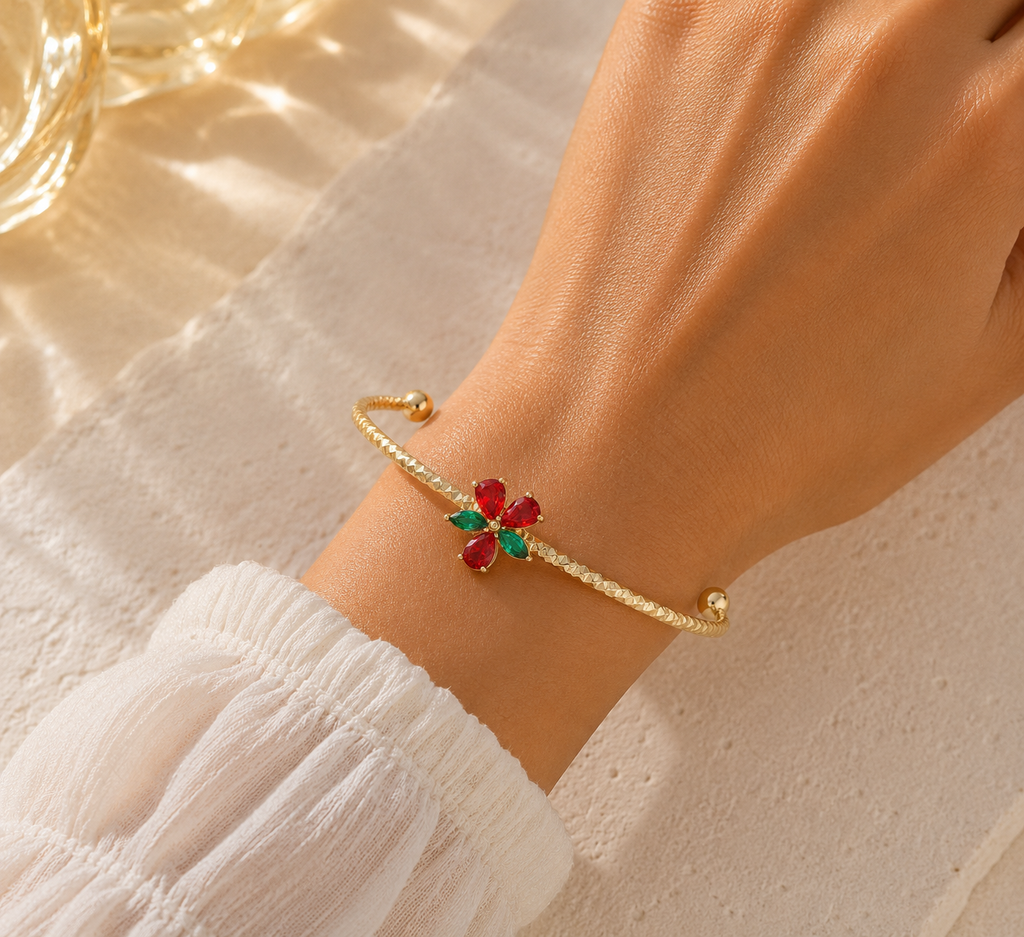 Brazalete Abierto Flor Roja y Verde Dorado