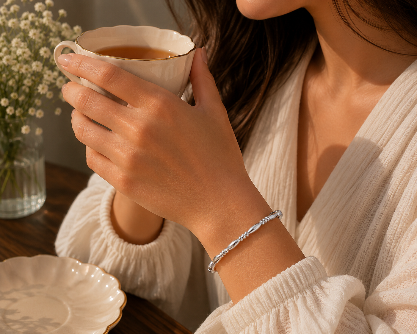 Pulsera Óvalos y Discos Plateada