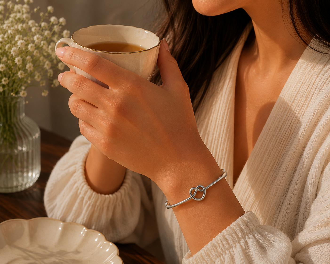 Brazalete Abierto Nudo Corazón Infinito Plateado