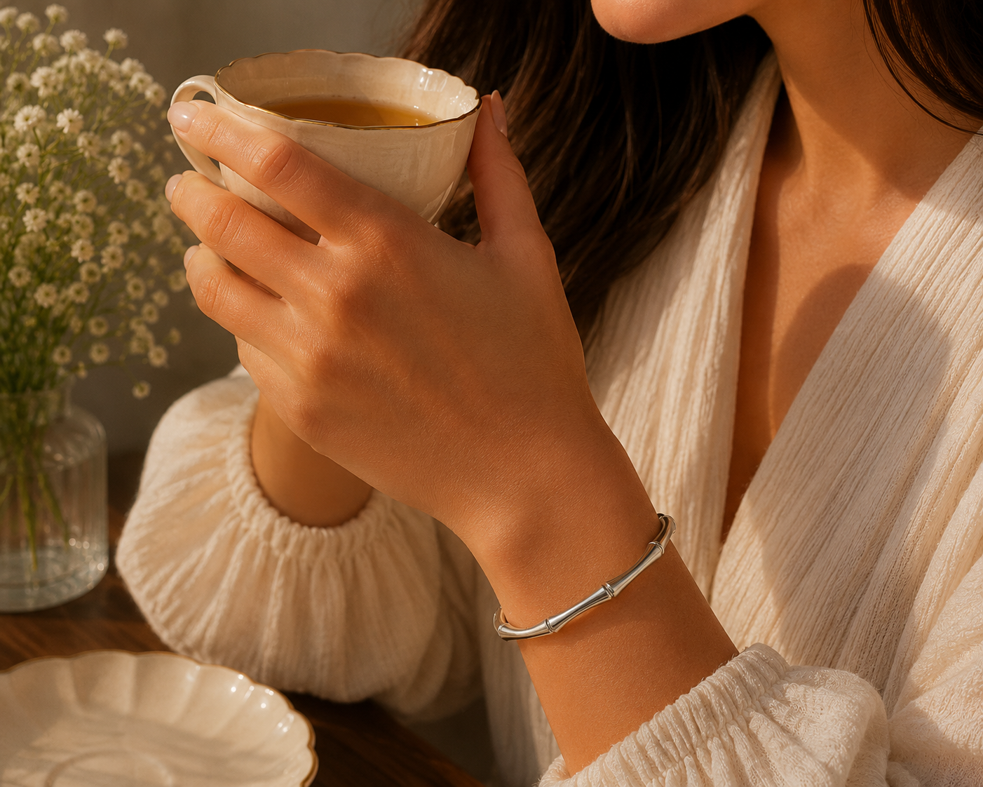 Brazalete Abierto Bambú Plateado