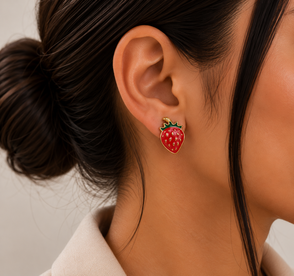 Aretes Fresa con Hojas Verdes