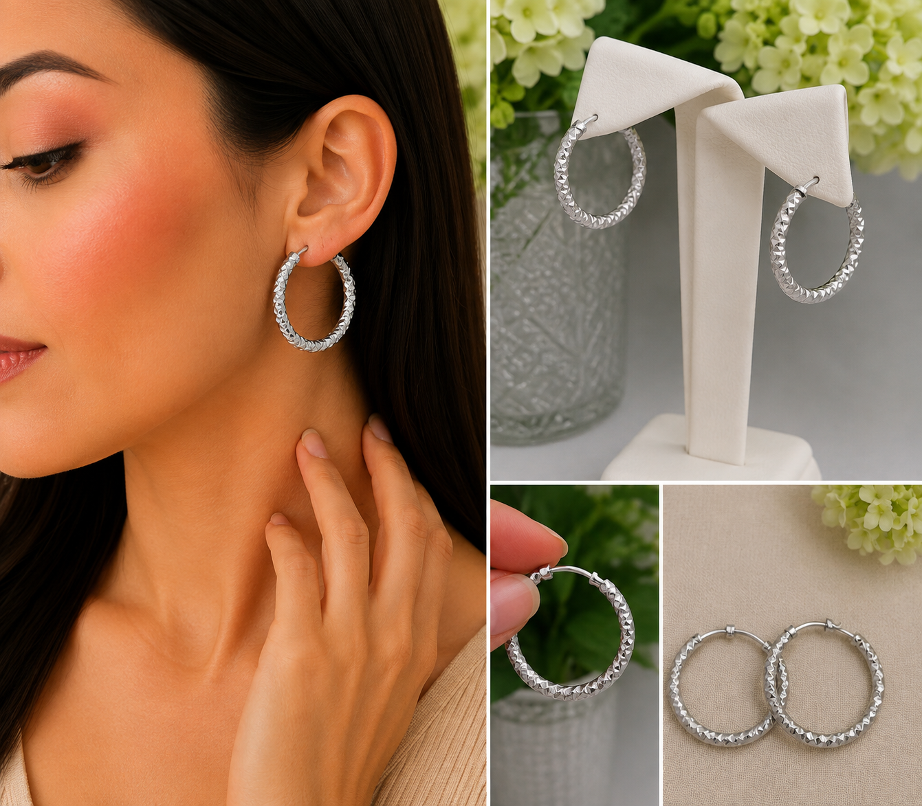 Aretes Argolla Diamantada Grande Plateado