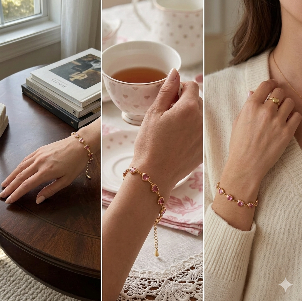 Pulsera dorada de corazones rosado