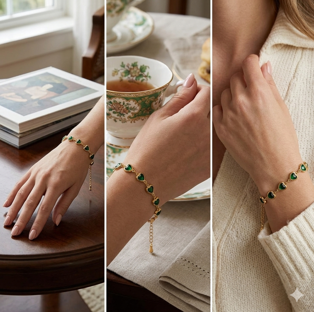 Pulsera dorada de corazón verde