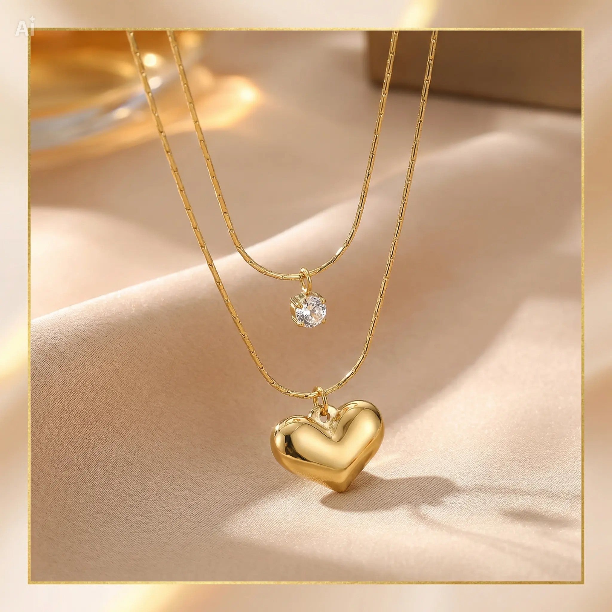 Cadena Doble de corazón y piedra brillante