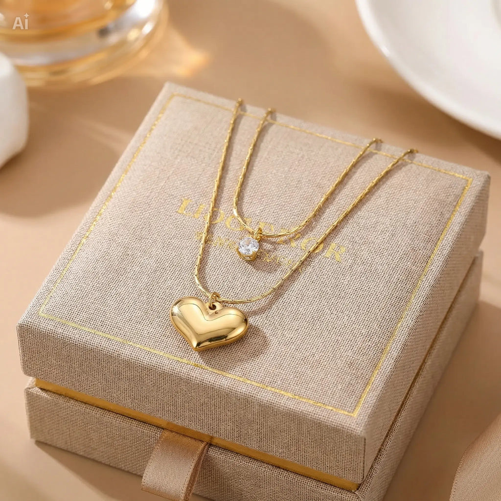 Cadena Doble de corazón y piedra brillante
