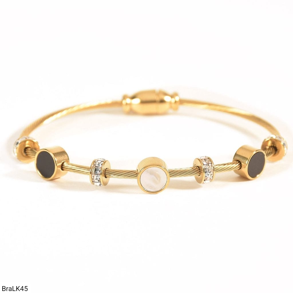 Brazalete Rígido Medallones Nácar y Ónix Dorado