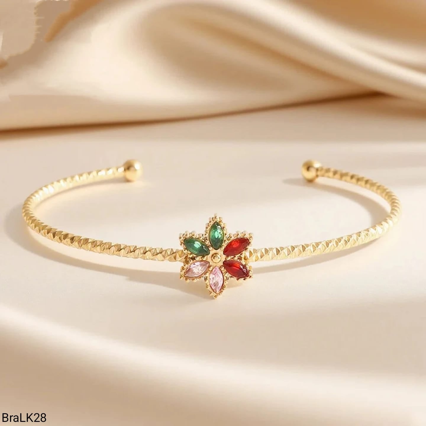 Brazalete Abierto Flor Multicolor Dorado