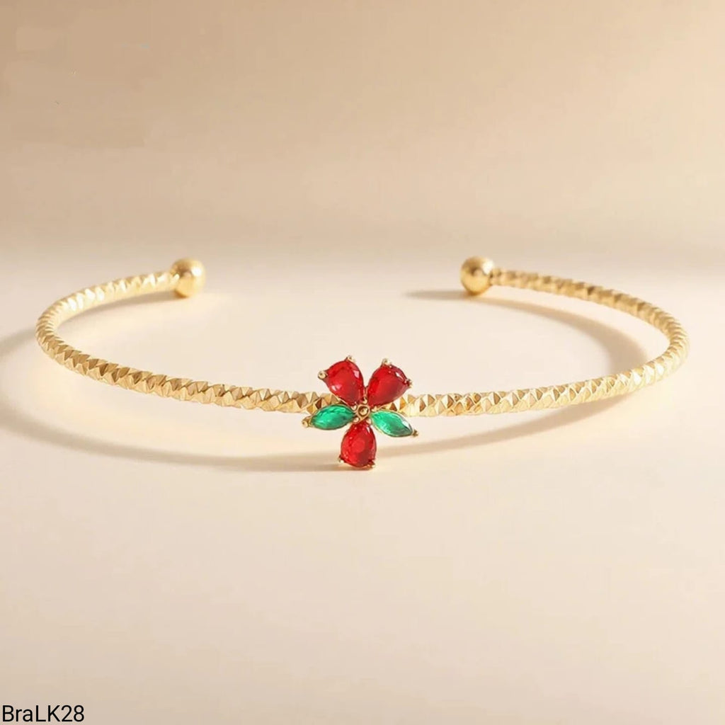 Brazalete Abierto Flor Roja y Verde Dorado
