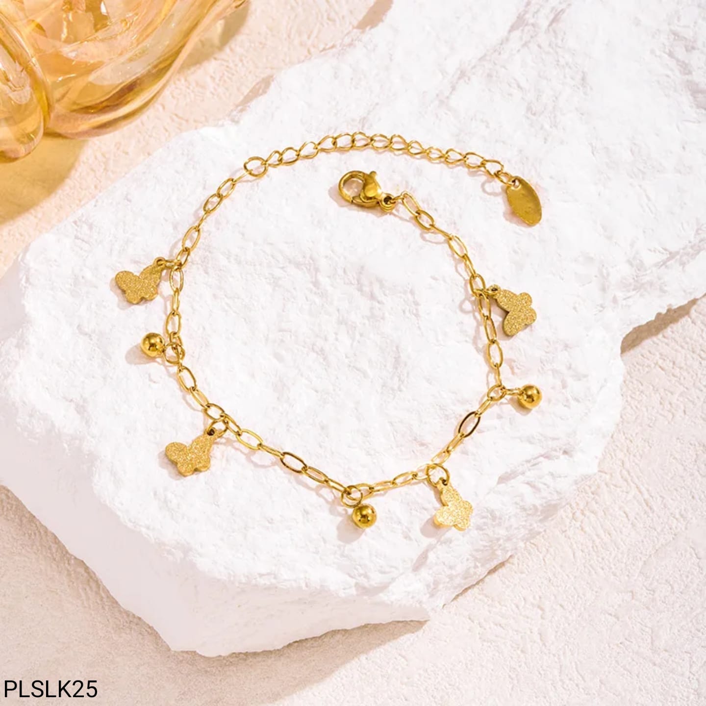 Pulsera Cadena Mariposas y Bolas Dorada