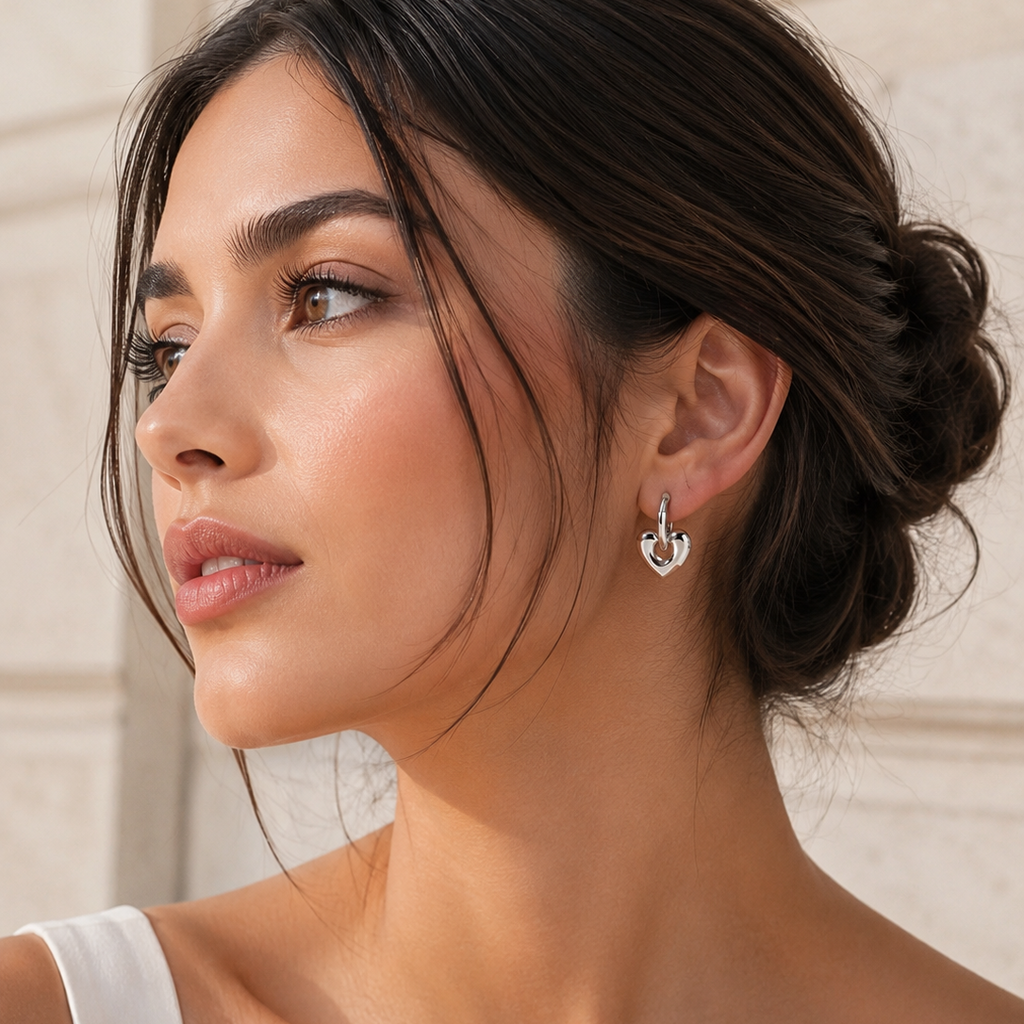 Aretes Argolla Corazón Colgante Plateado