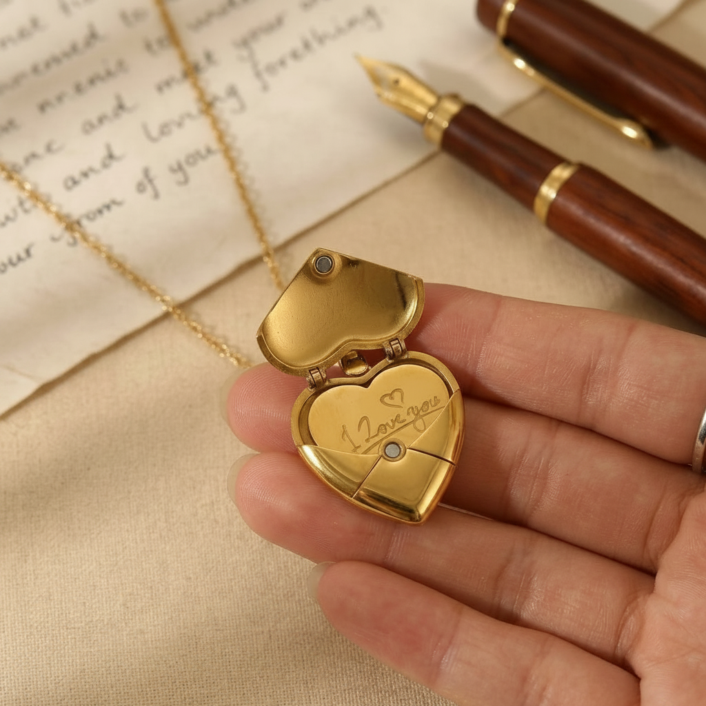 Cadena dorada corazón carta de amor