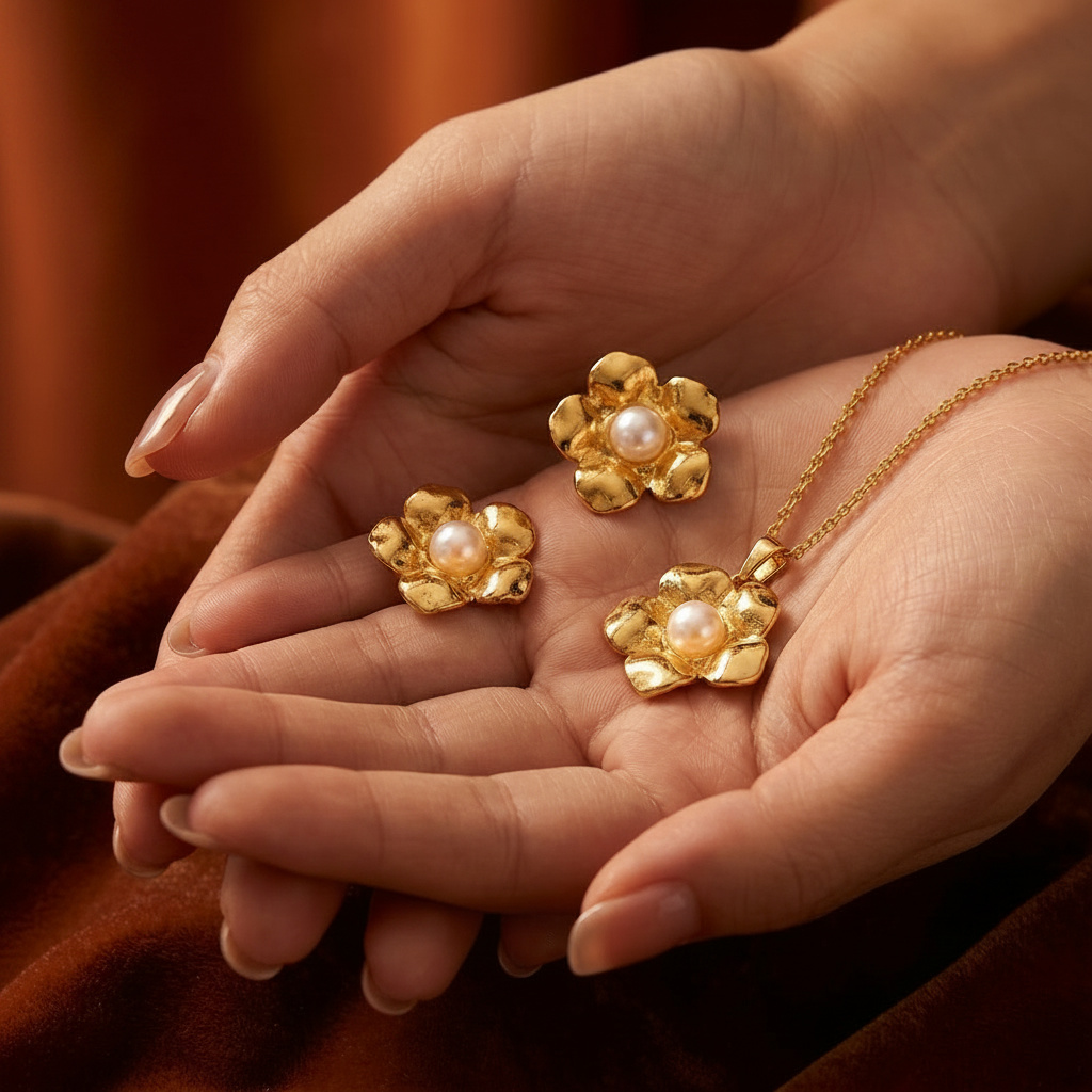 Conjunto de Flores dorados con perla
